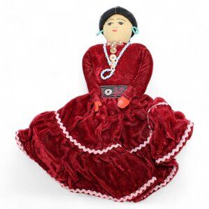 Handmade Native American Doll With Red Velvet Dress & Beaded Necklace
